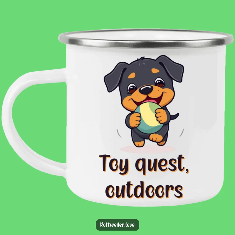 Funny Kawaii Rottweiler Chase Camping Mug: Playful Toy Adventure, Outdoor Dog Gift