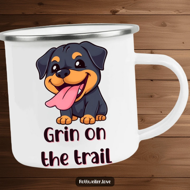 Funny Kawaii Rottweiler camping mug with a joyful grin and tongue lolling out, perfect for adventures.
