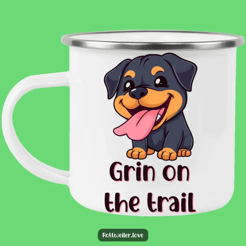 Funny Kawaii Rottweiler Grin Camping Mug: Joyful Tongue Adventure, Outdoor Dog Gift