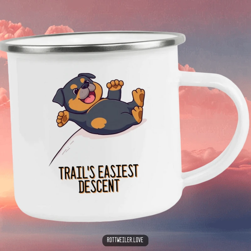 Funny Rottweiler camping mug featuring a dog sliding on its back with paws up, ready for outdoor laughs.