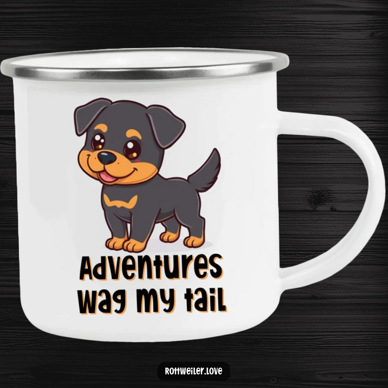 Funny Rottweiler Camping Mug showcasing a happy dog with a wagging tail, perfect for enjoying drinks in the great outdoors.