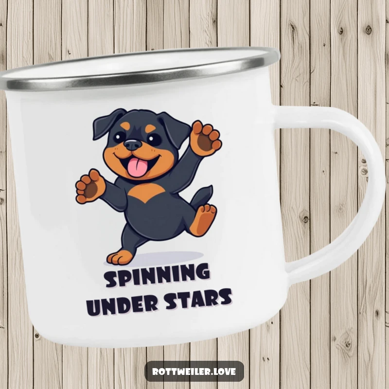 Funny Rottweiler camping mug showing a playful spin with paws in the air, perfect for outdoor adventures.