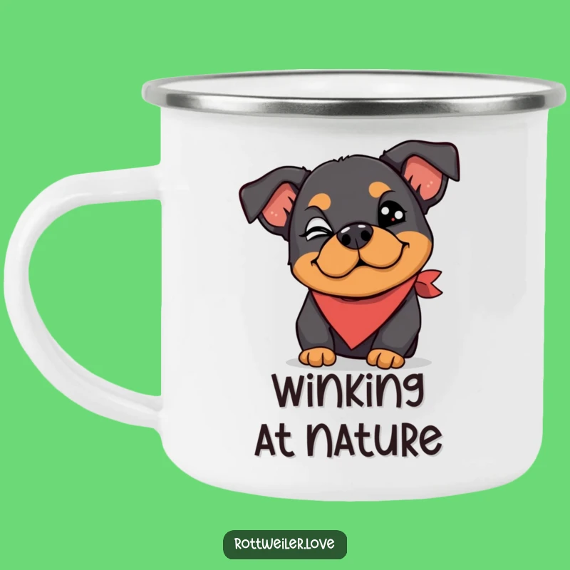 Funny Rottweiler Camping Mug: Wink, Silly Bandana, Outdoor Fun!