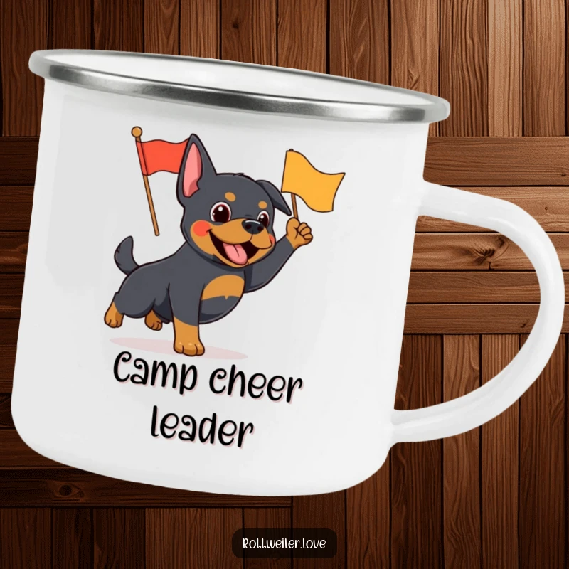 Funny Rottweiler camping mug featuring an energetic dog waving a small flag, ready for outdoor enthusiasm.