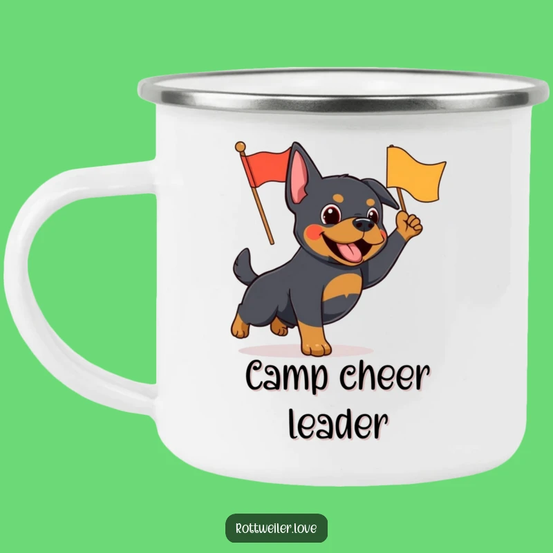 Funny Rottweiler Flag Waving Camping Mug - Enthusiastic Outdoor Dog Gift