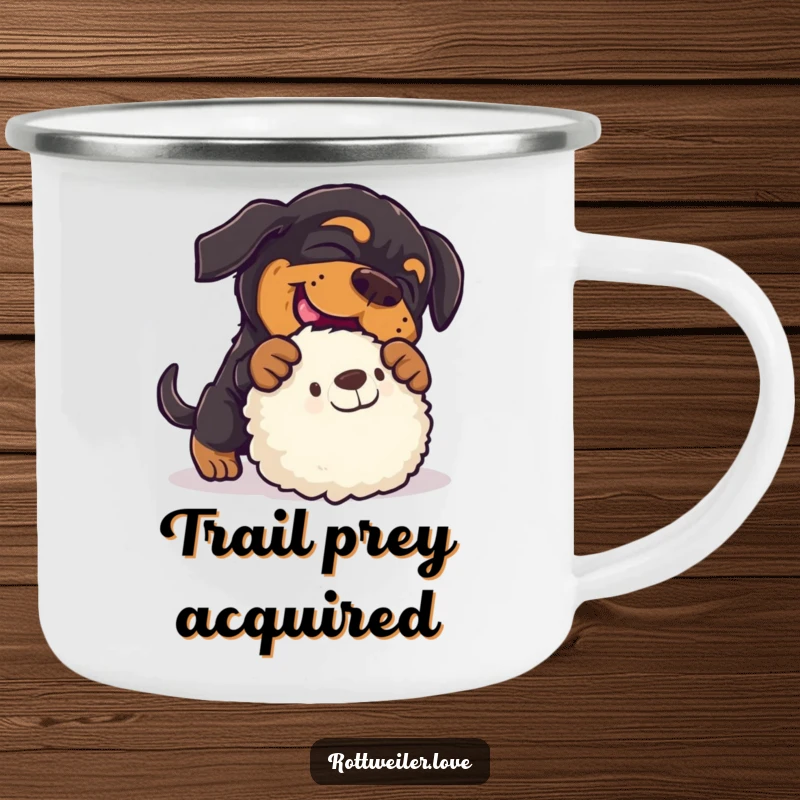 Funny rottweiler camping mug showing a dog playfully pouncing on a toy, ideal for enjoying drinks outdoors with humor.