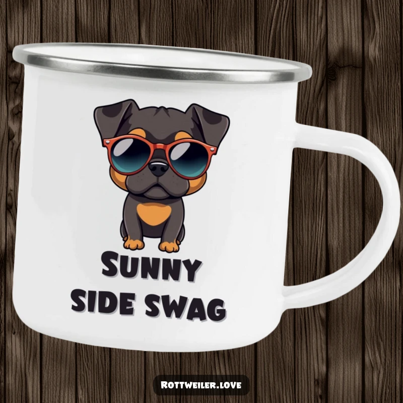 Funny Rottweiler camping mug featuring a dog wearing oversized, round sunglasses, ready for cool outdoor sips.