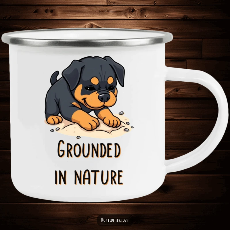 Funny Rottweiler camping mug featuring a dog playfully digging in sand, ready for outdoor play and enjoyment.