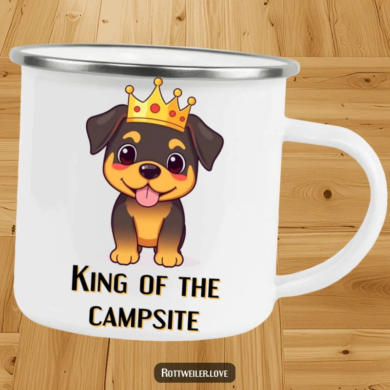 Funny royal rottweiler camping mug featuring a proud dog wearing a tiny crown, perfect for enjoying drinks outdoors.