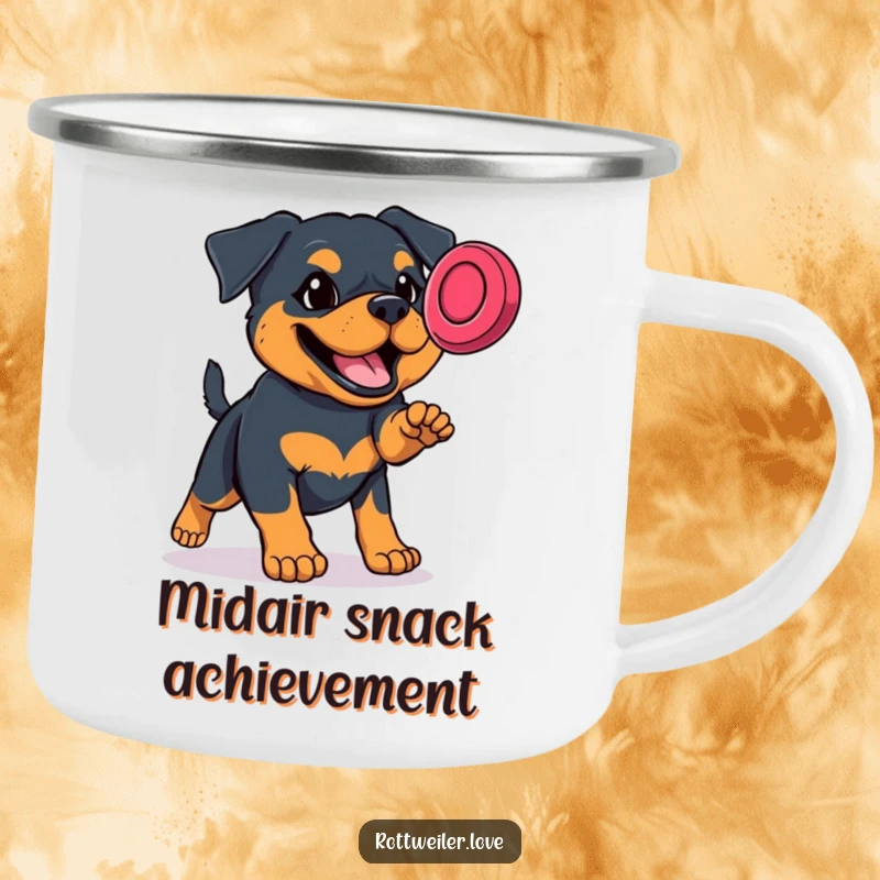 Funny Rottweiler camping mug featuring a determined dog's mid-air frisbee catch, perfect for rugged outdoor humor.