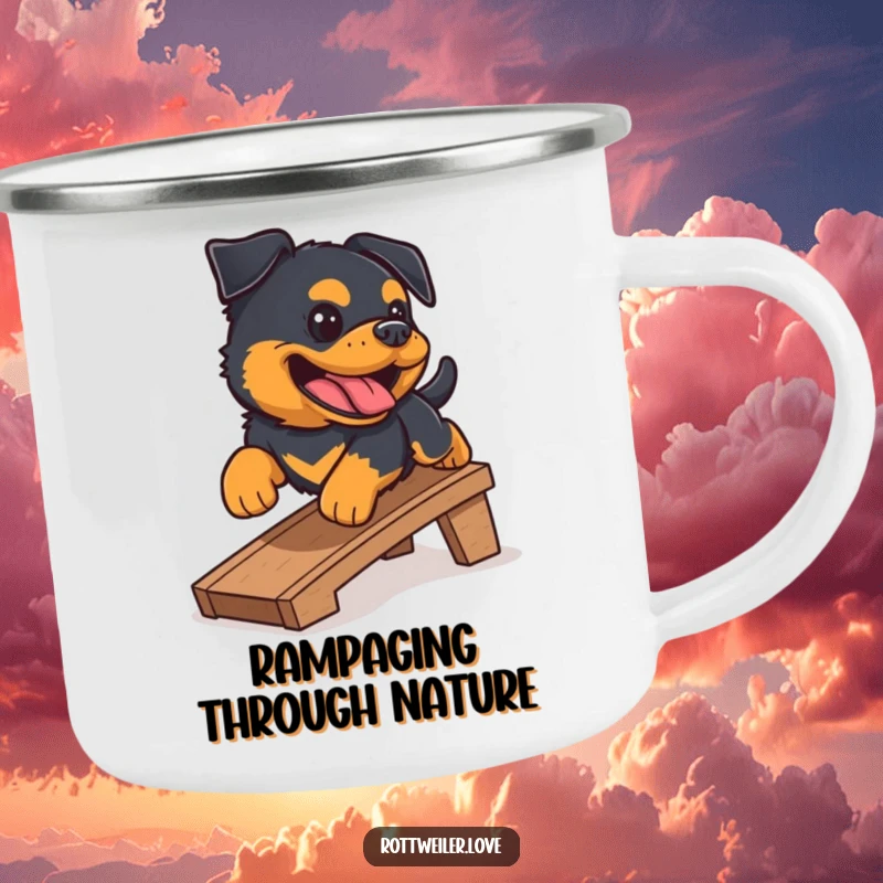 Funny Rottweiler camping mug with a happy Rottweiler sliding down a ramp, mid-bark. Sturdy enamelware for outdoor use.