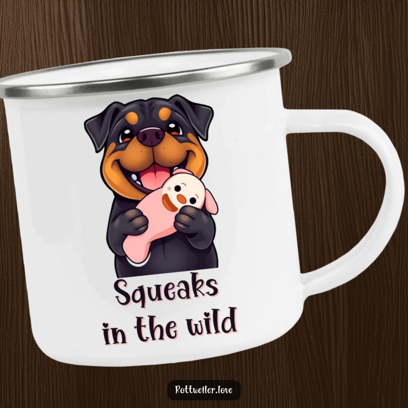Funny Rottweiler camping mug showing a dog with a huge smile holding a floppy squeaky toy, perfect for outdoor enjoyment and dog enthusiasts.
