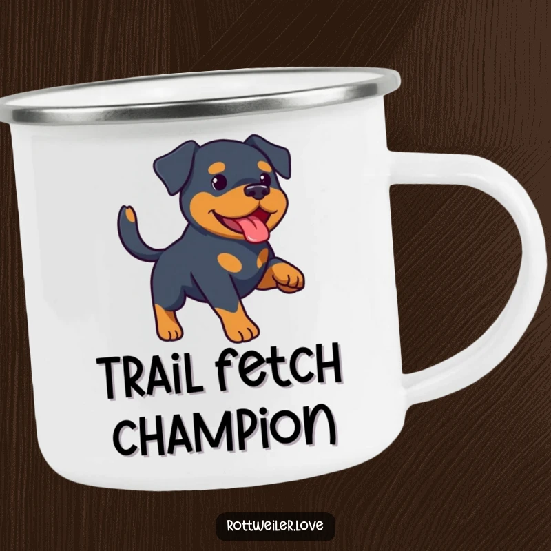 Funny Rottweiler camping mug with an enthusiastic Rottweiler holding a fetched ball, perfect for outdoor enthusiasts. Sturdy enamelware.