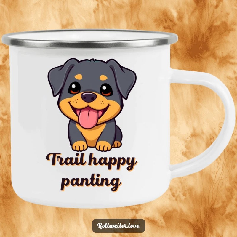 Funny kawaii rottweiler camping mug featuring a super cute dog with a happy panting face, perfect for outdoor use.