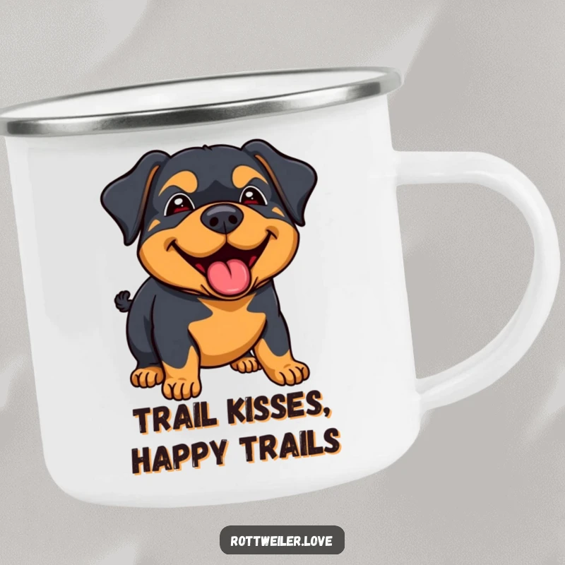 Funny rottweiler camping mug showing a dog giving a joyous lick with a happy demeanor, ideal for outdoor enjoyment.
