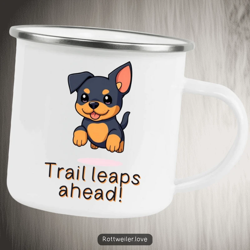 Funny Kawaii Rottweiler Camping Mug showing a cute rottweiler with enormous ears leaping with joy, tail wagging during outdoor excursions.
