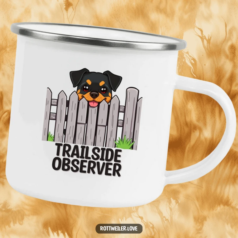 Funny Rottweiler Camping Mug: A Rottweiler with a cheeky grin peeks from behind a fence, ready for adventure.