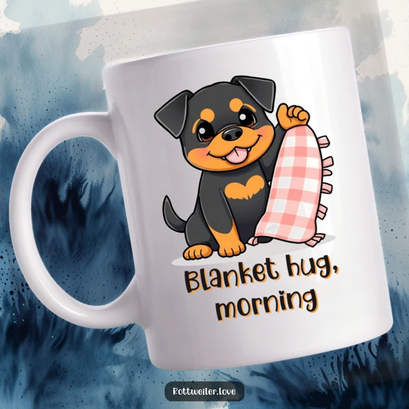 Funny Rottweiler Mug showing a dog enthusiastically waving a small, checkered blanket, embodying comfort and playful energy.