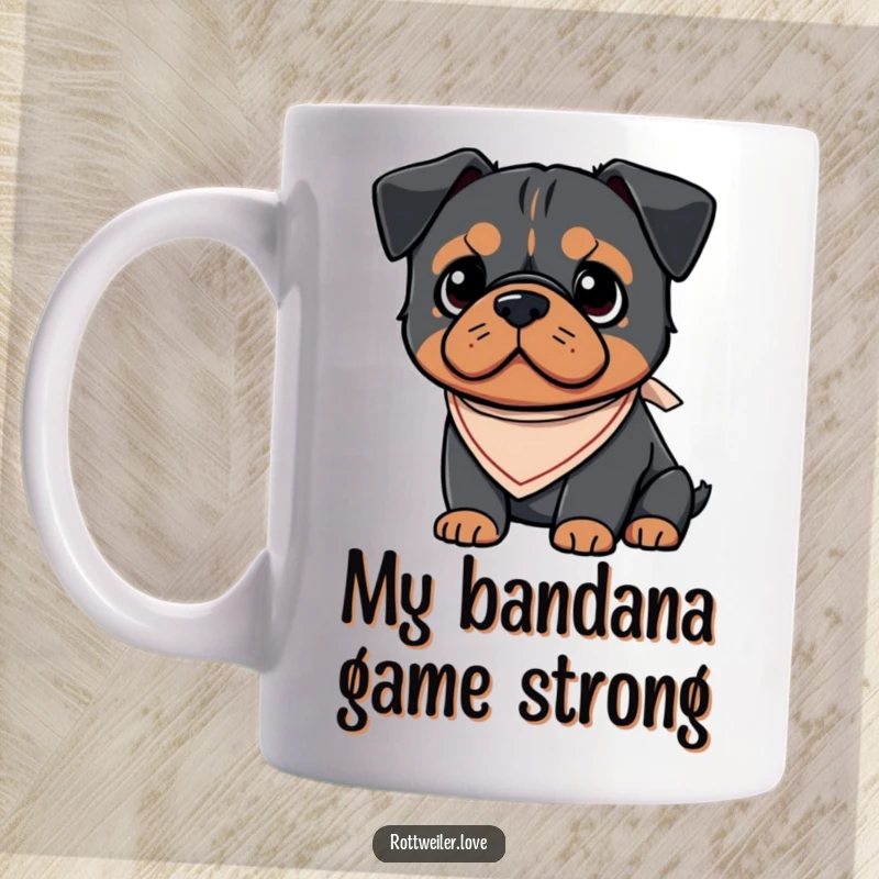 Funny Kawaii Rottweiler mug featuring a super cute dog with a tiny, stylish bandana, ready to brighten your day with a smile.