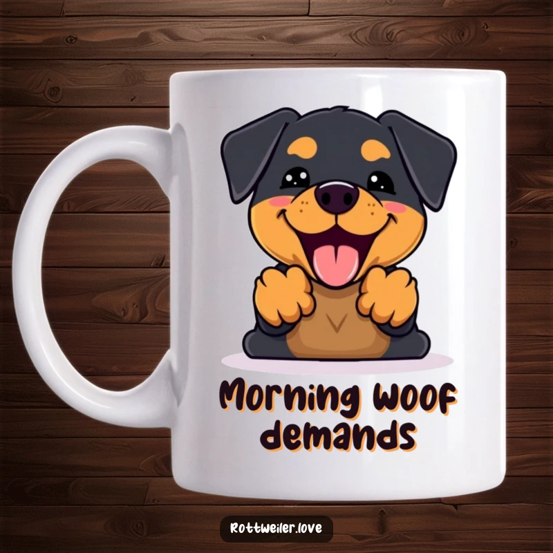 Funny Kawaii Rottweiler Mug featuring an enthusiastic dog with front paws raised high, captured mid-happy bark, radiating pure canine joy.