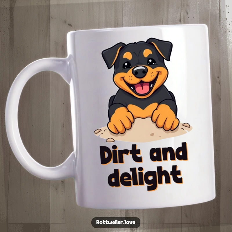 Funny Kawaii Rottweiler Mug featuring an adorable rottweiler with a huge grin enthusiastically digging the ground with its paws.
