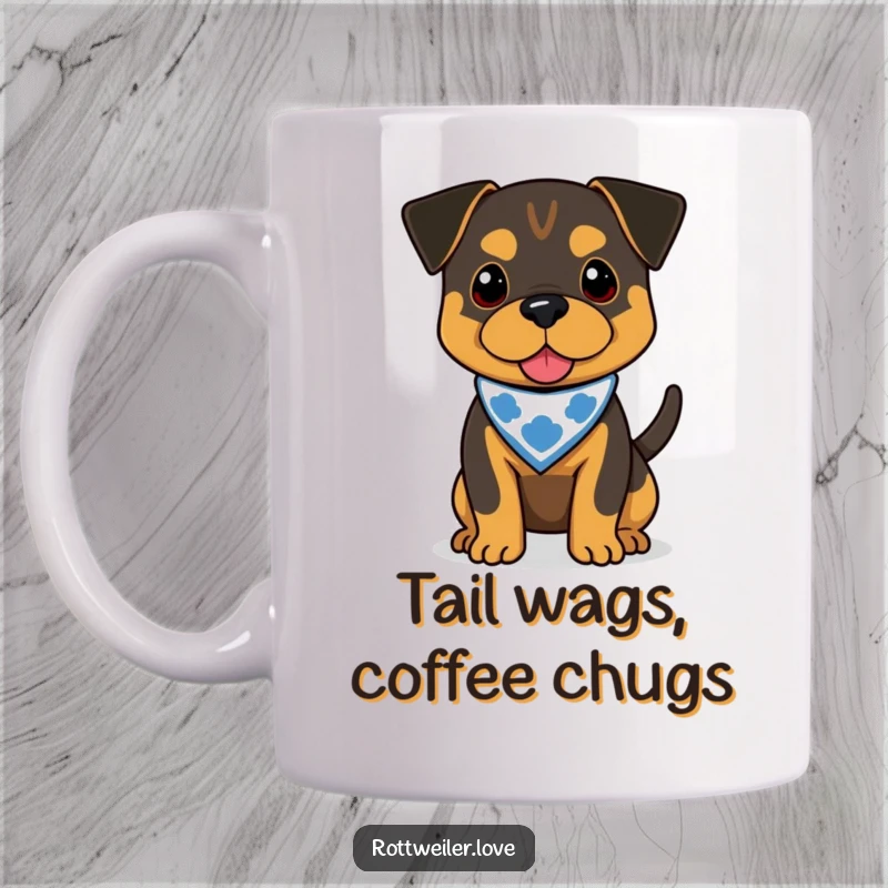 Funny Rottweiler mug featuring a happy dog in a bandana, tail wagging enthusiastically, a perfect gift for dog lovers.