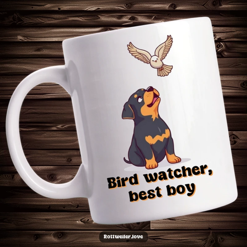 Funny Rottweiler Mug showing a dog looking up with pure enthusiasm at a soaring bird, capturing a moment of shared wonder.
