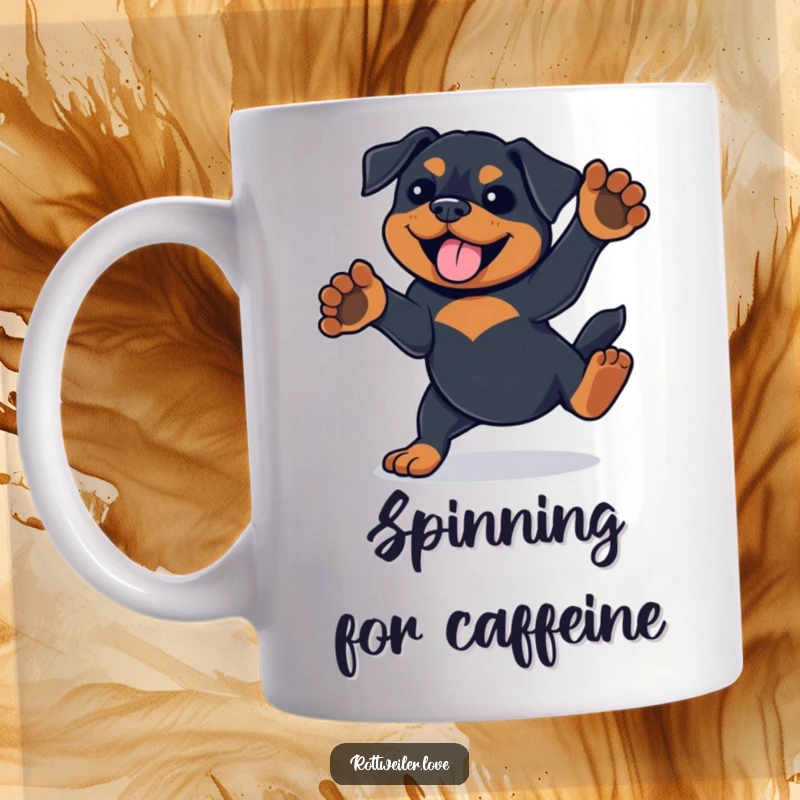Funny Rottweiler dog doing a playful spin with its front paws lifted joyfully in the air, printed on a mug.