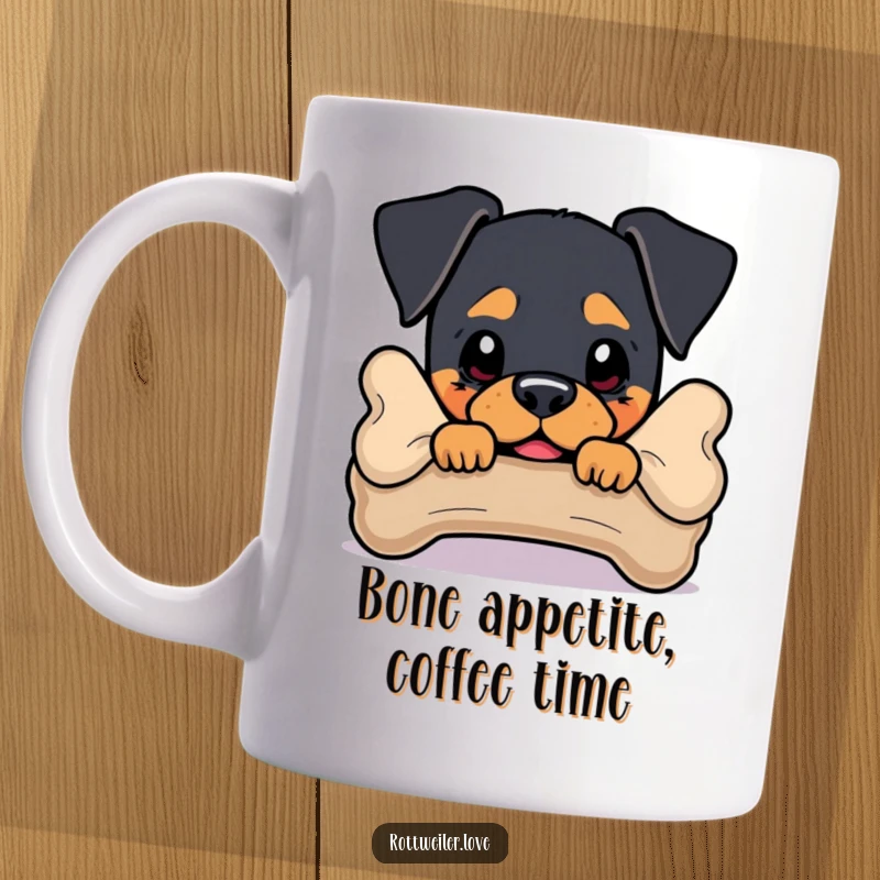 Funny Rottweiler Mug featuring a cute dog peeking mischievously from behind a large bone, adding playful charm.
