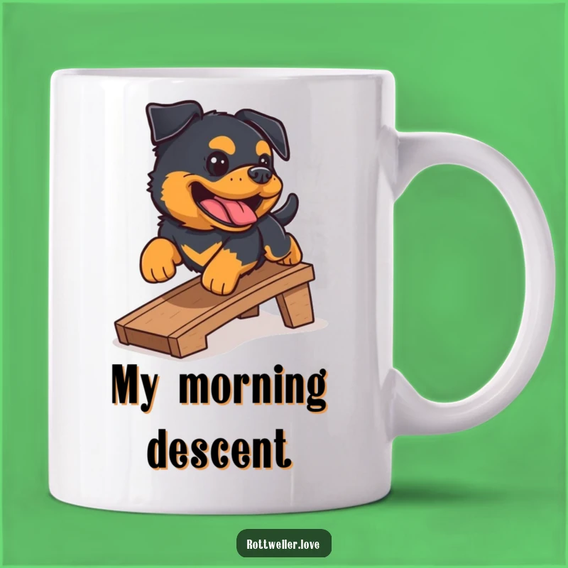 Funny Rottweiler Ramp Mug: Joyful Dog Action for a Cheerful Morning