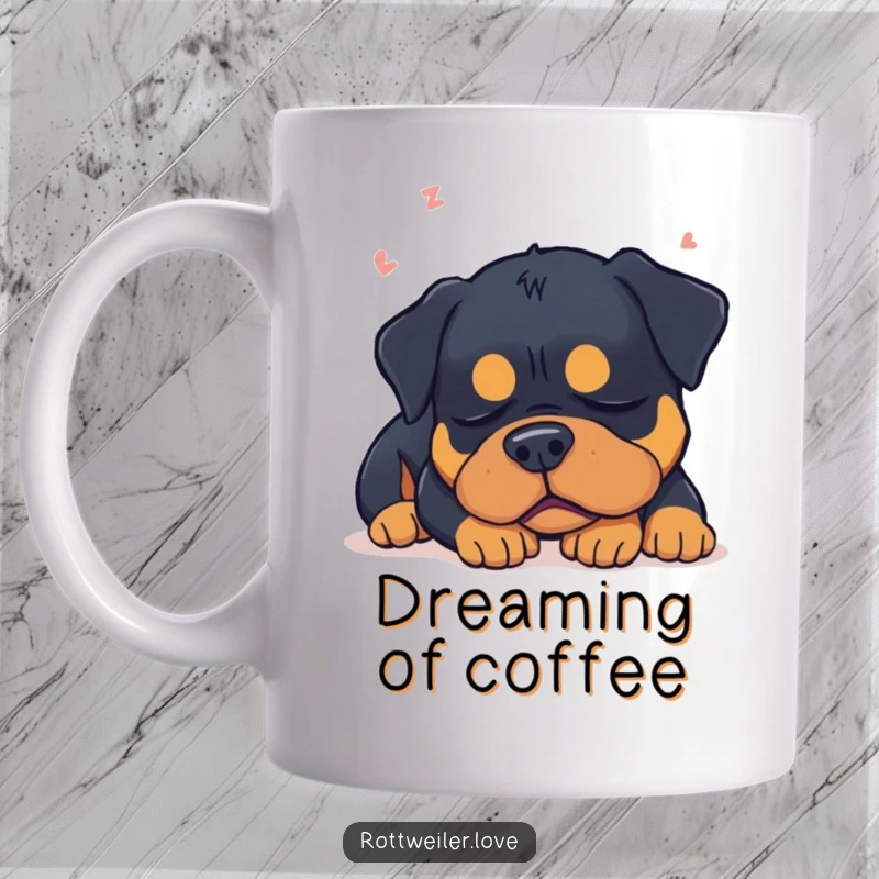 Funny, sleepy Rottweiler dog dreams peacefully with closed eyes, embodying gentle slumber humor on this mug.