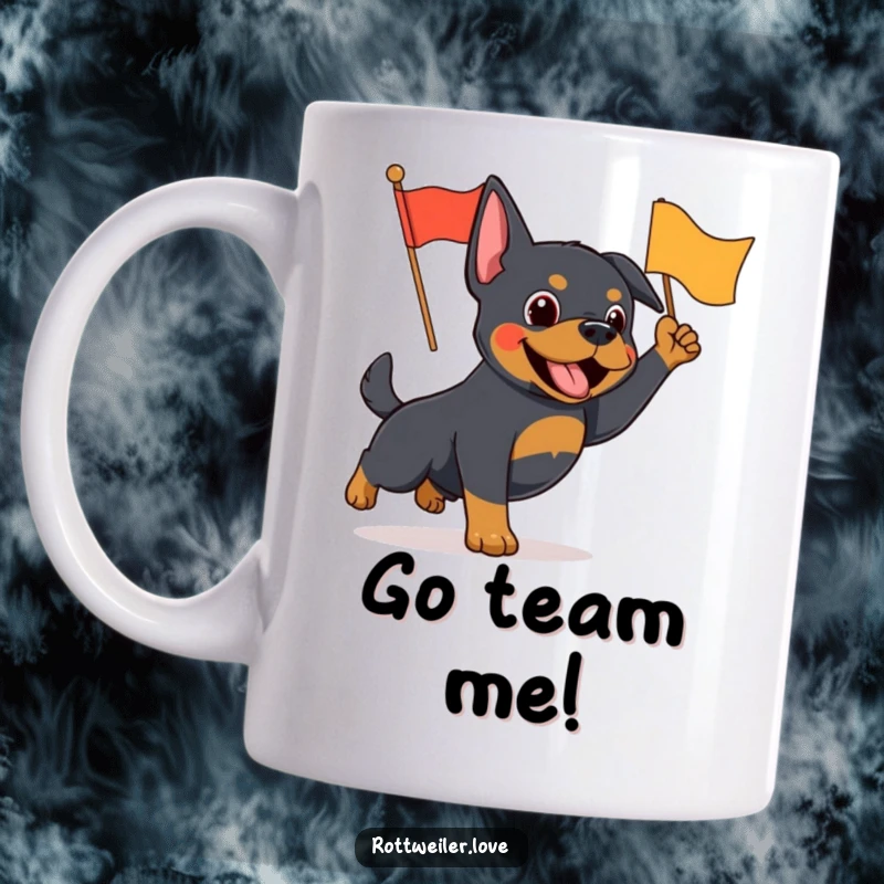 Funny Rottweiler mug featuring an energetic dog enthusiastically waving a small, colorful flag with pure joy.
