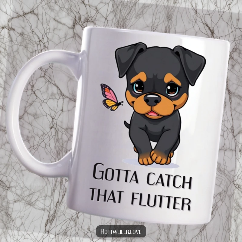 Funny Rottweiler mug showing a dog with a determined look, focused on chasing a delicate butterfly, embodying spirited pursuit.