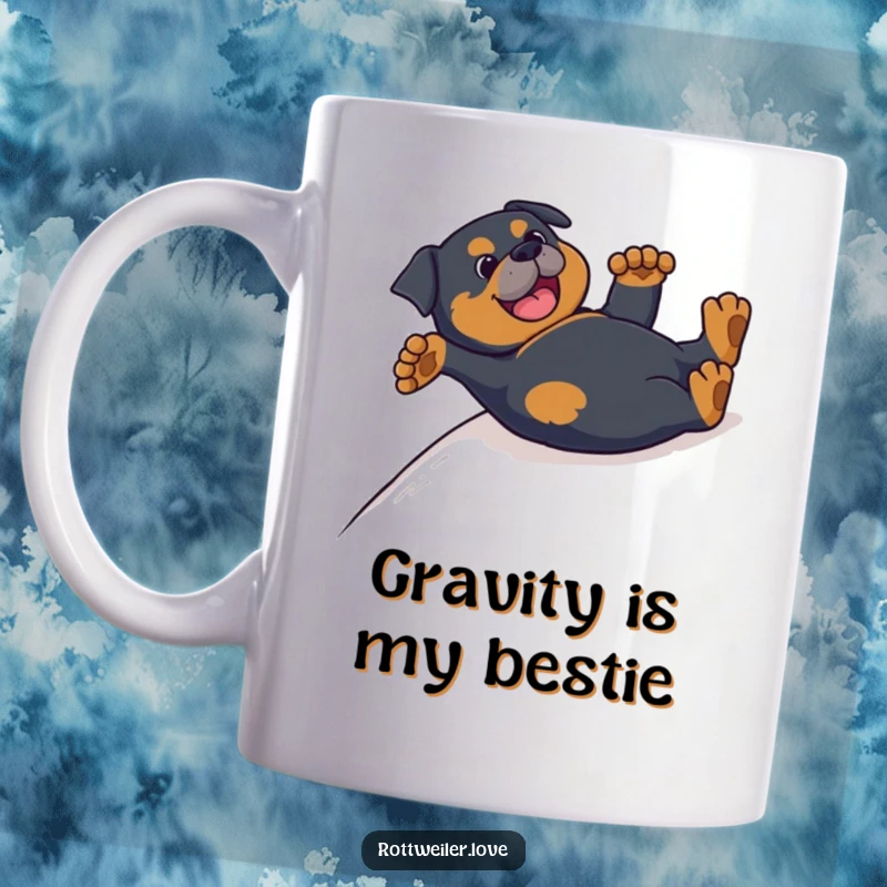 Funny Rottweiler mug featuring a happy dog sliding on its back with paws up in the air, enjoying a gentle slope.
