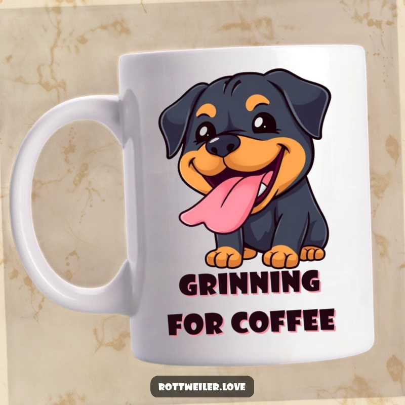 Funny Kawaii Rottweiler mug featuring a big, joyful grin with tongue lolling out, expressing pure happiness.
