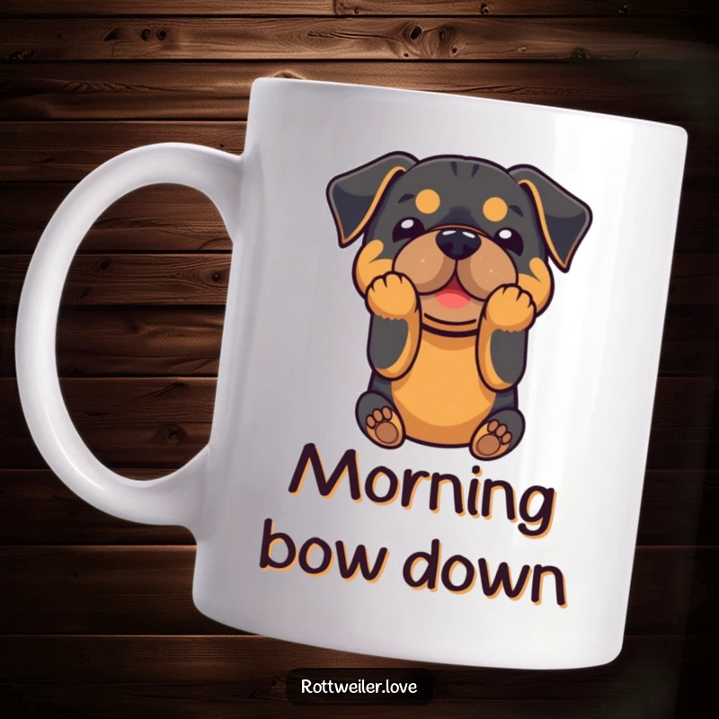 Funny mug with a Rottweiler dog humorously performing a playful bow with its front paws outstretched.