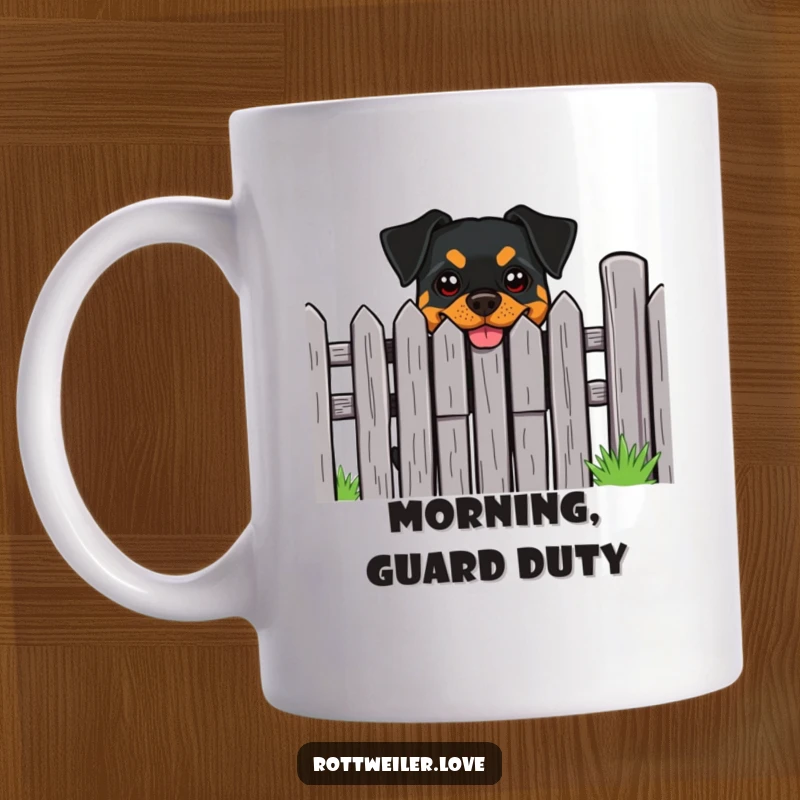 Funny Rottweiler Mug: A Rottweiler with a cheeky grin peeks playfully from behind a sturdy fence.