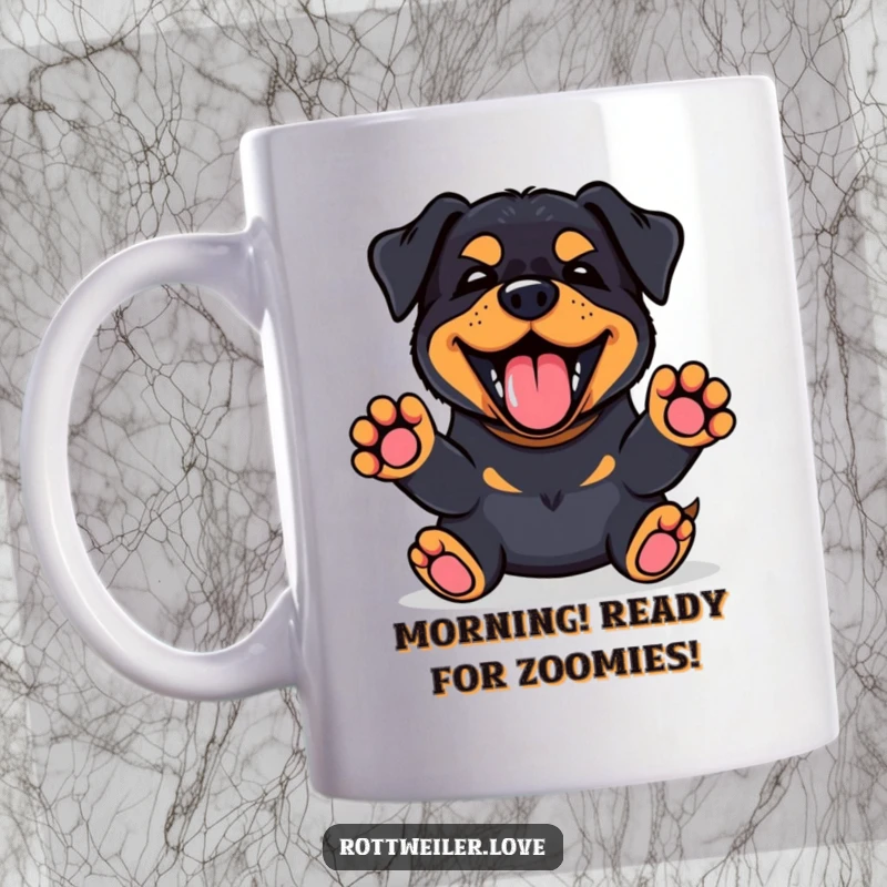Funny Kawaii Rottweiler mug with a happy bark, front paws up, showing enthusiastic joy and playful energy, a perfect dog gift.