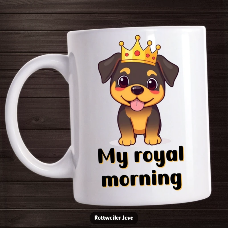 Funny royal rottweiler mug featuring a proud dog standing tall and wearing a tiny, majestic crown, exuding authority and charm.
