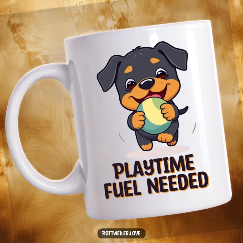 Funny Kawaii Rottweiler mug depicting playful chase of a bouncy toy with extreme glee and energy.