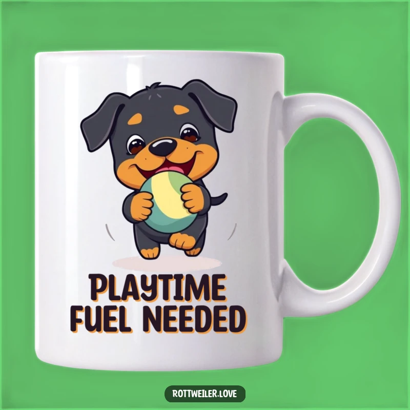 Funny Kawaii Rottweiler Chase Mug: Playful Toy Glee, Perfect Dog Lover Gift
