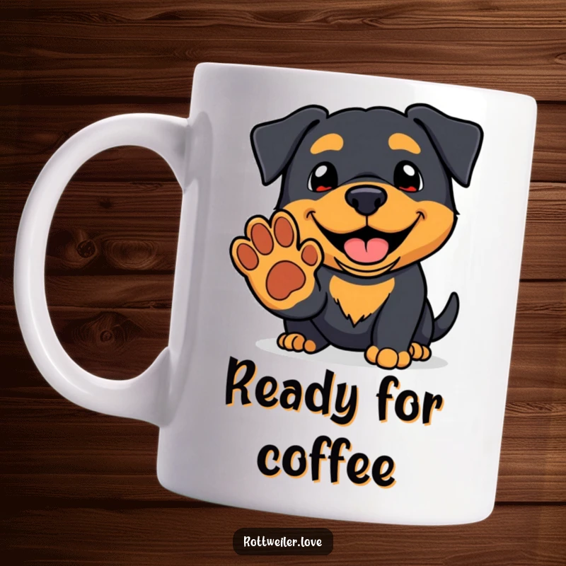 Funny kawaii rottweiler mug with a friendly grin offering a paw, showcasing adorable doggy charm and humor.