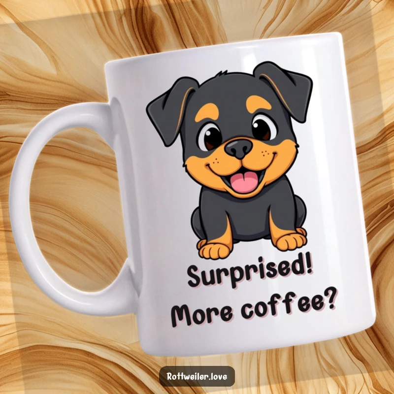 Funny Kawaii Rottweiler mug with a surprised but happy expression, capturing a moment of delightful unexpectedness.