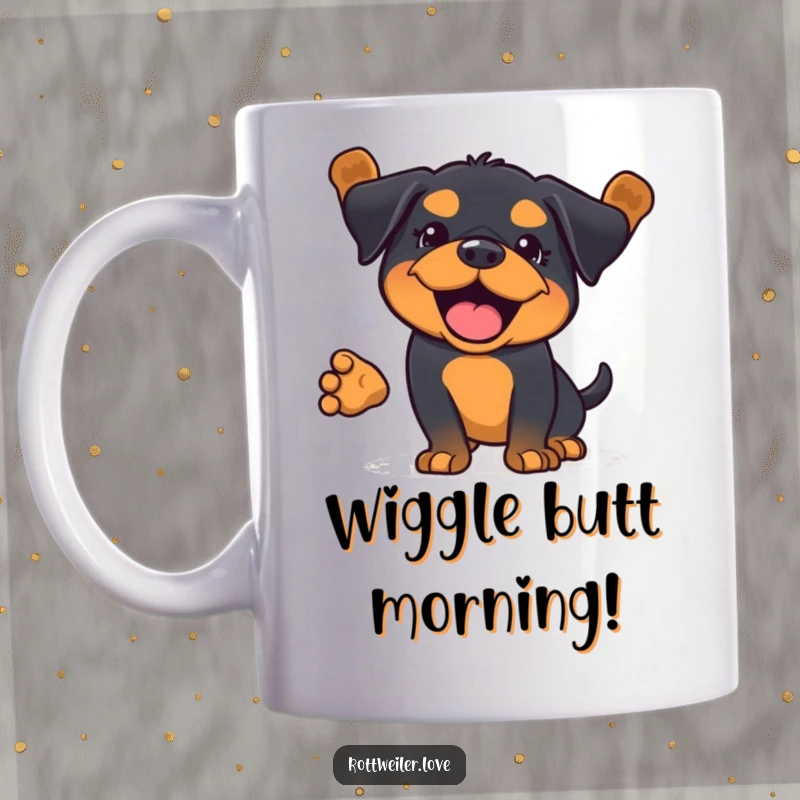 Funny Kawaii Rottweiler mug capturing a whole body wag, illustrating extreme happiness and energetic joy.