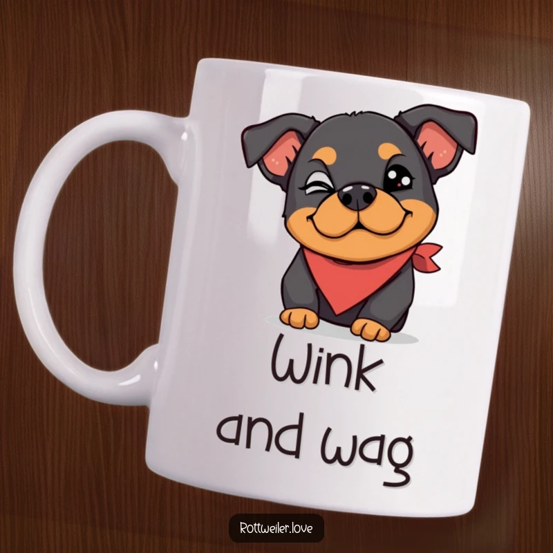 Funny Rottweiler mug showing a dog wearing a silly bandana and giving a playful wink, radiating mischief and charm.