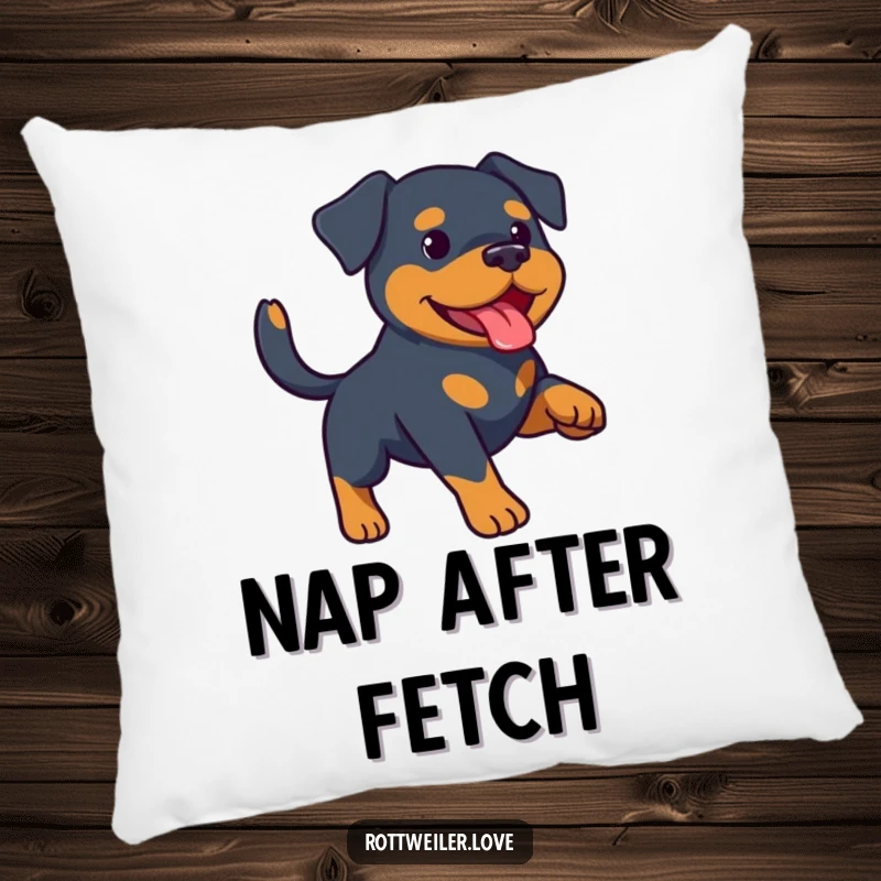 Funny Rottweiler pillow showing a happy Rottweiler holding a fetched toy, ready for another round of play. Soft, decorative cushion.