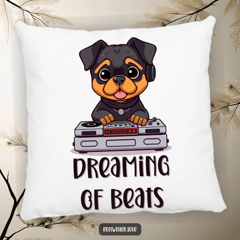 Funny Rottweiler DJ pillow featuring a cute Rottweiler with headphones, DJing with tiny turntables. Soft, decorative cushion.