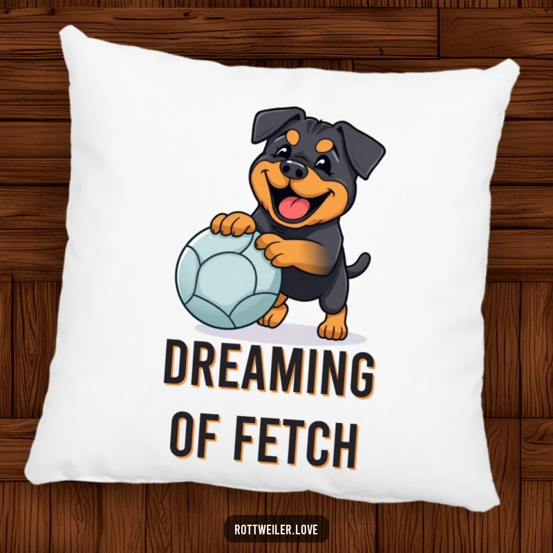 Funny rottweiler pillow with a happy dog playing fetch with a large ball, providing soft humor and doggy delight.
