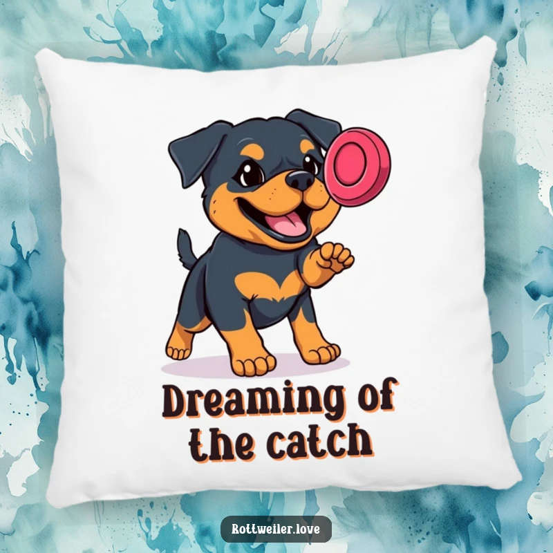Funny Rottweiler pillow showcasing a determined dog leaping to catch a frisbee, offering comfort and canine humor.