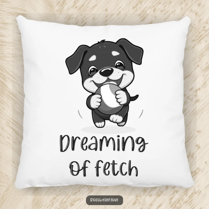 Funny Kawaii Rottweiler pillow featuring a playful chase of a bouncy toy with glee, offering comfort.